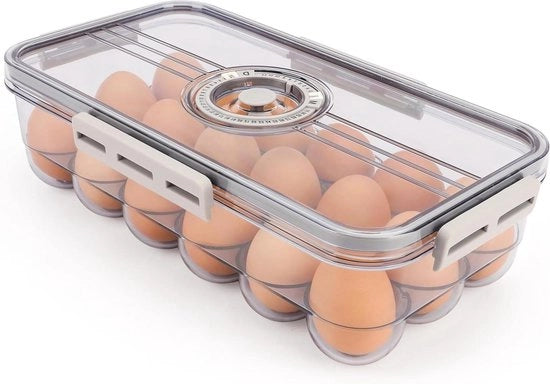 Contenitore per uova con coperchio a timer per frigorifero - contenitore in plastica BPA-free per 18 uova - trasportabile/stivabile - organizzatore trasparente per uova con timer mese/giorno