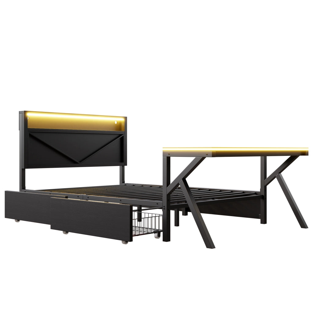 Letto Contenitore Imbottito 140x200 cm con Cassetti; LED; Nero