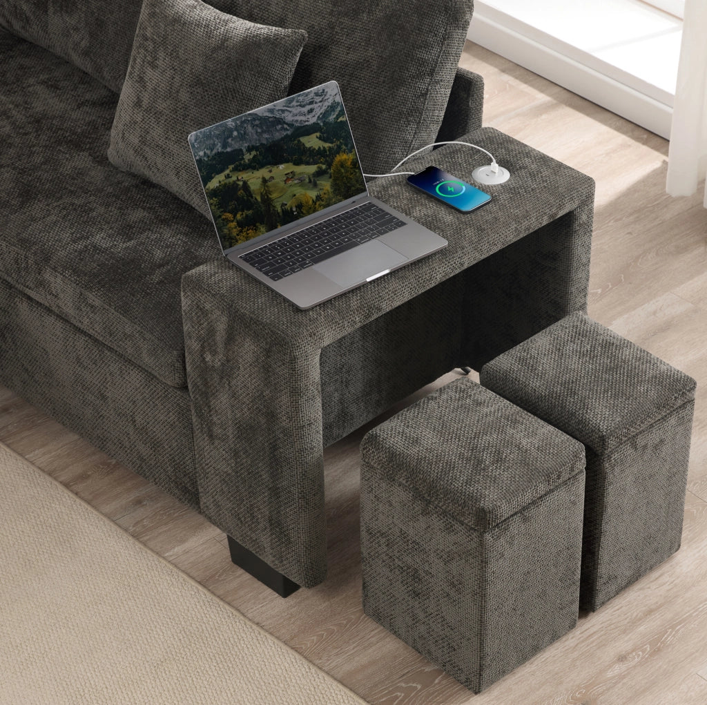 Divano angolare letto L, 5 posti con pouf contenitore, tessuto chenille grigio, USB e USB-C, braccioli larghi, con cuscini inclusi
