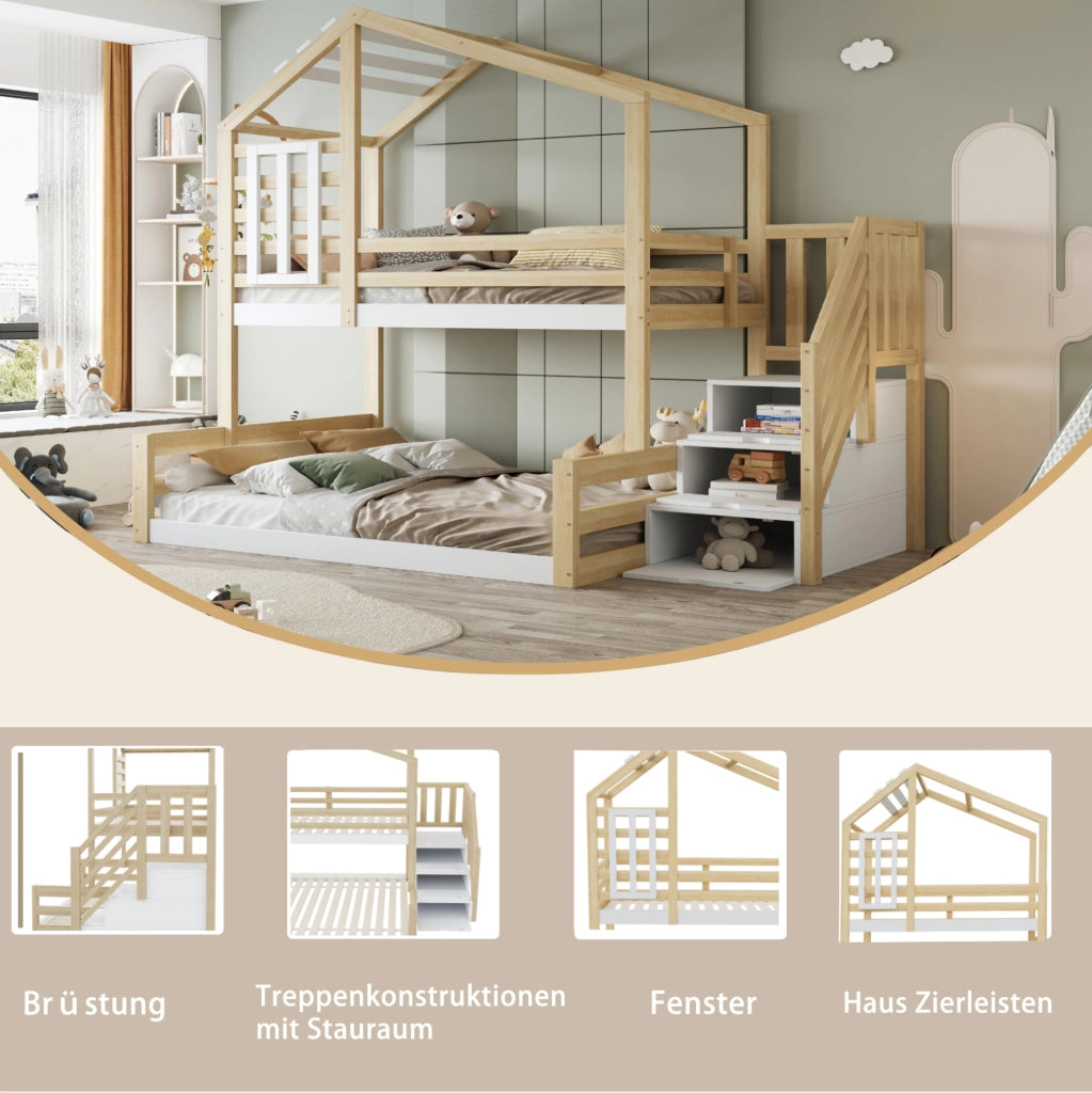 LETTO A CASTELLO 90x200 cm in pino e MDF naturale con scala contenitore