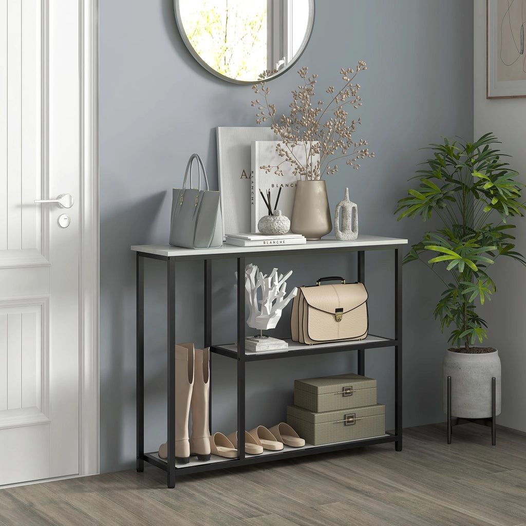Consolle con 2 ripiani aperti e piano d'appoggio; per ingresso e soggiorno; in acciaio; bianco; 100×30×80 cm