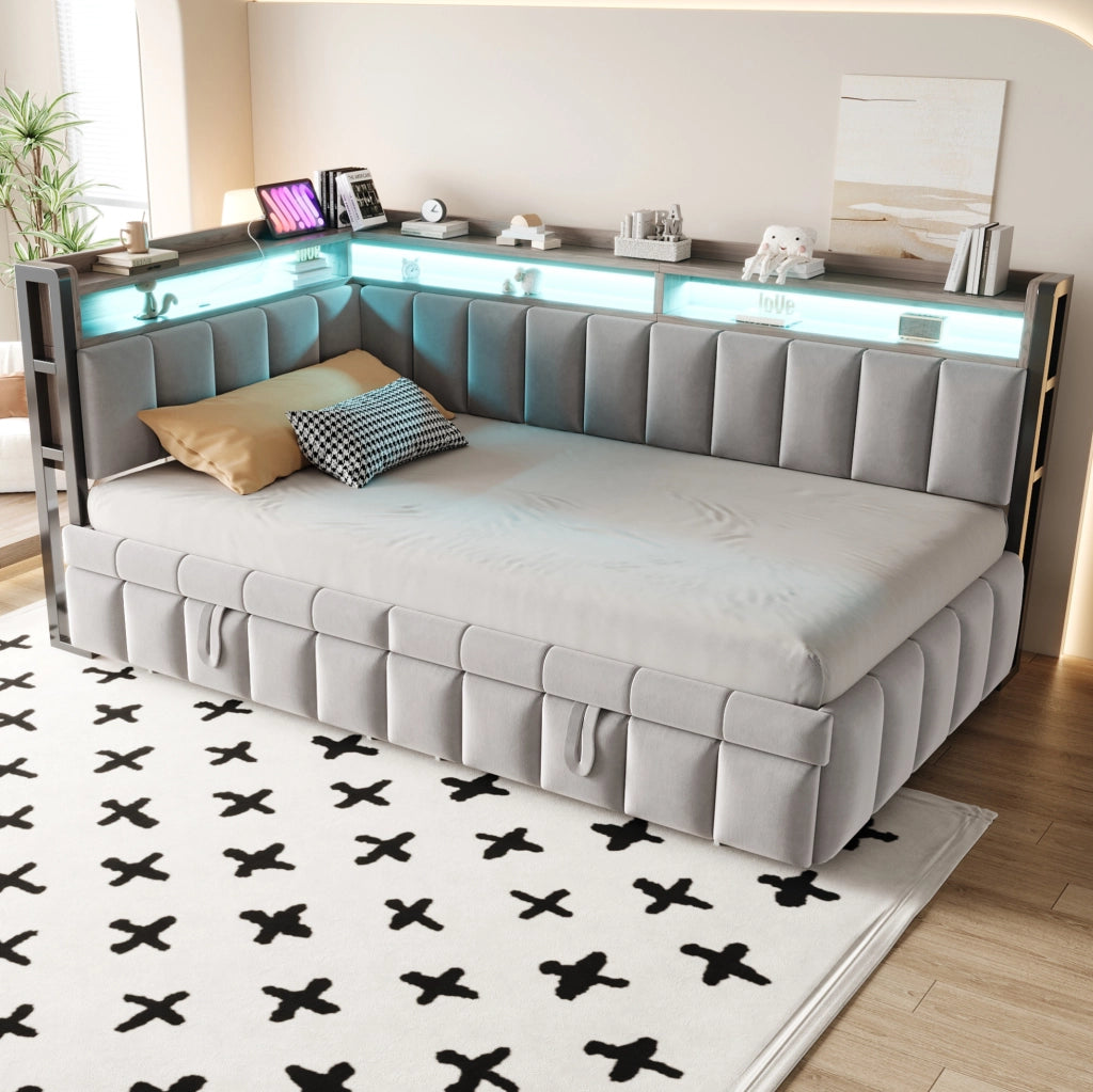 Divano letto estraibile ULEVR 90x200 cm con LED, USB e Type-C, vani portaoggetti, velluto grigio chiaro