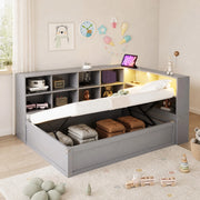 Letto singolo 90 × 200 cm con vano contenitore idraulico prese integrate e LED controllabile in legno grigio