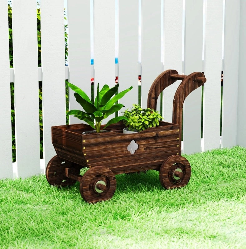 Lettino da giardino in legno di abete carbonizzato con ruote, 68 x 38 x 52 cm, design a carretto vintage