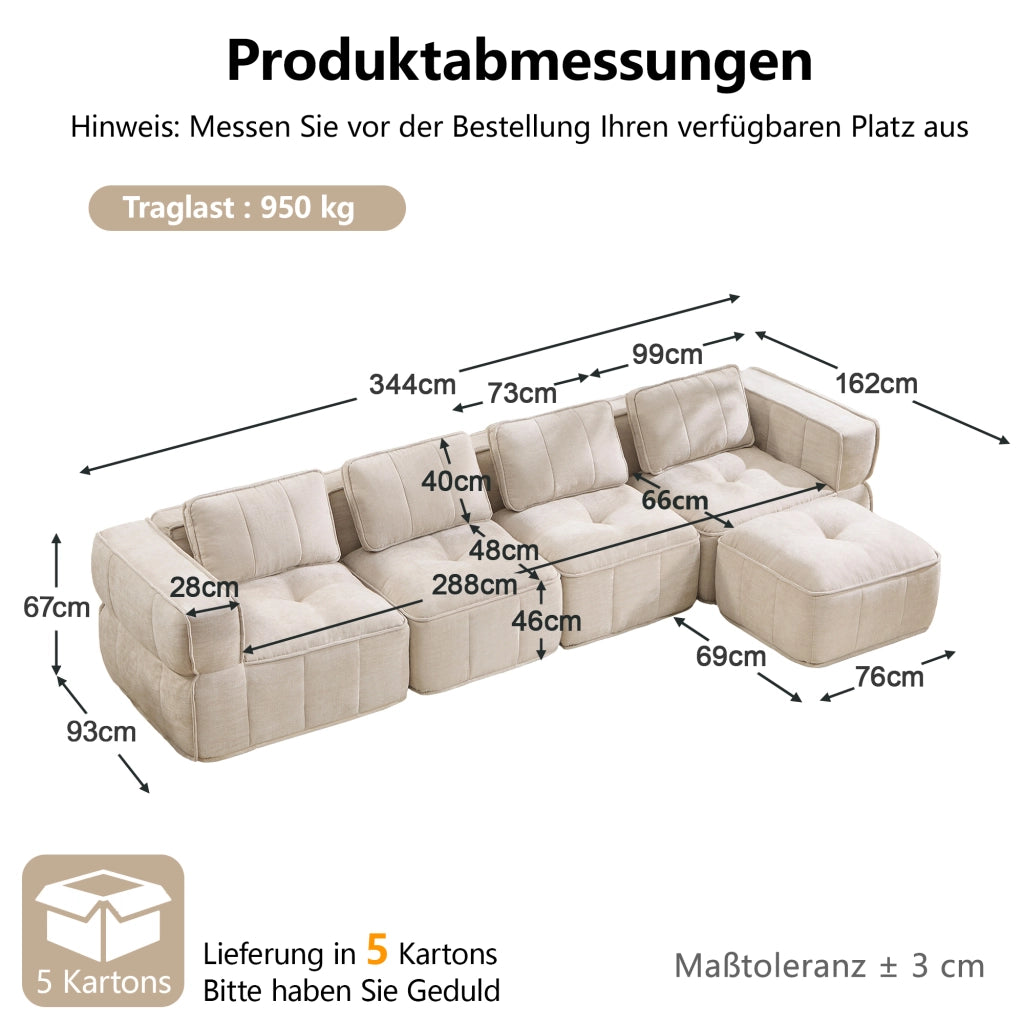 Divano angolare modulare a 4 posti con pouf in poliestere beige senza struttura rigida con seduta profonda e braccioli larghi