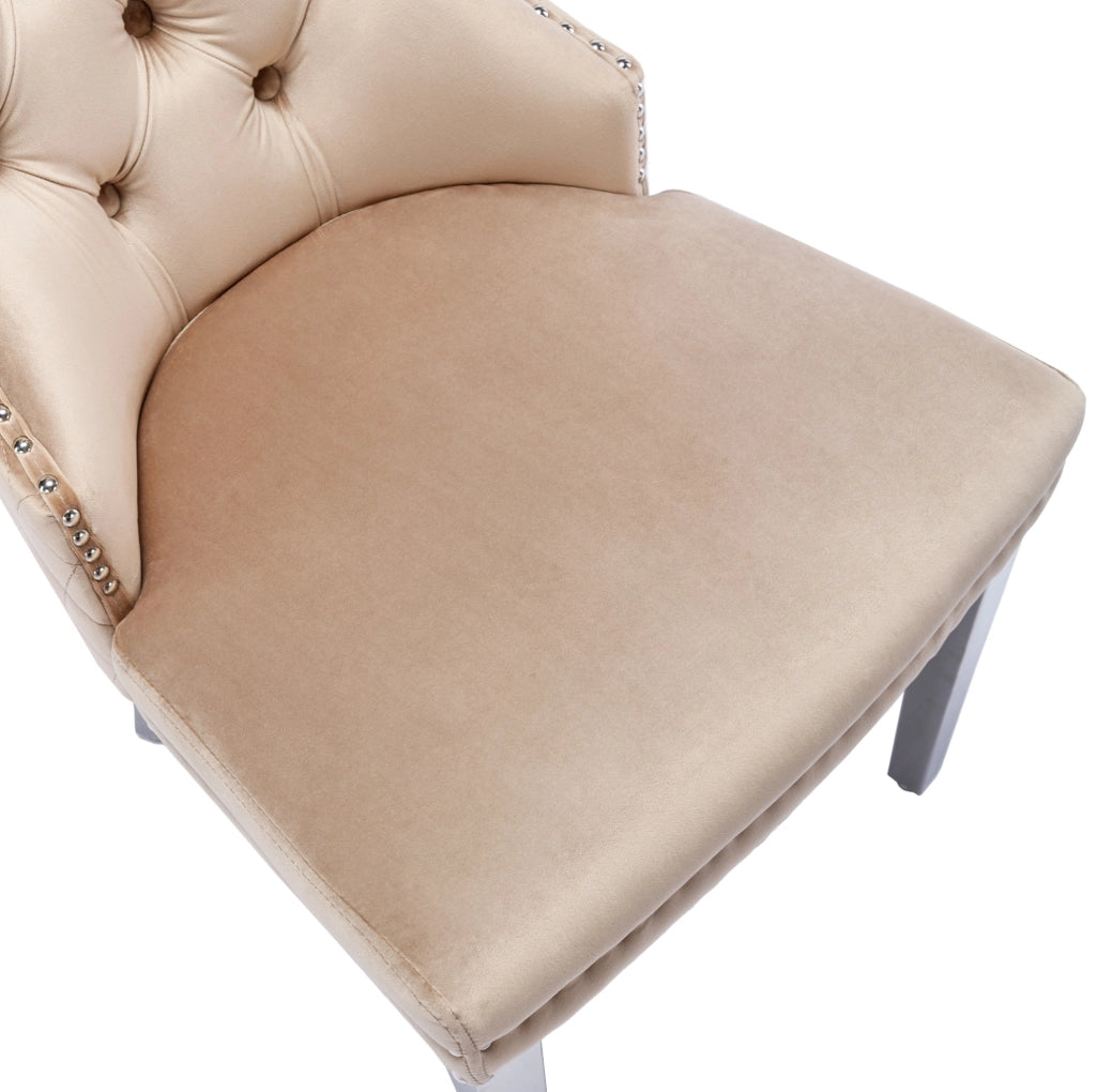 Sedia da pranzo imbottita in velluto beige con schienale decorato e gambe in metallo, set da 2