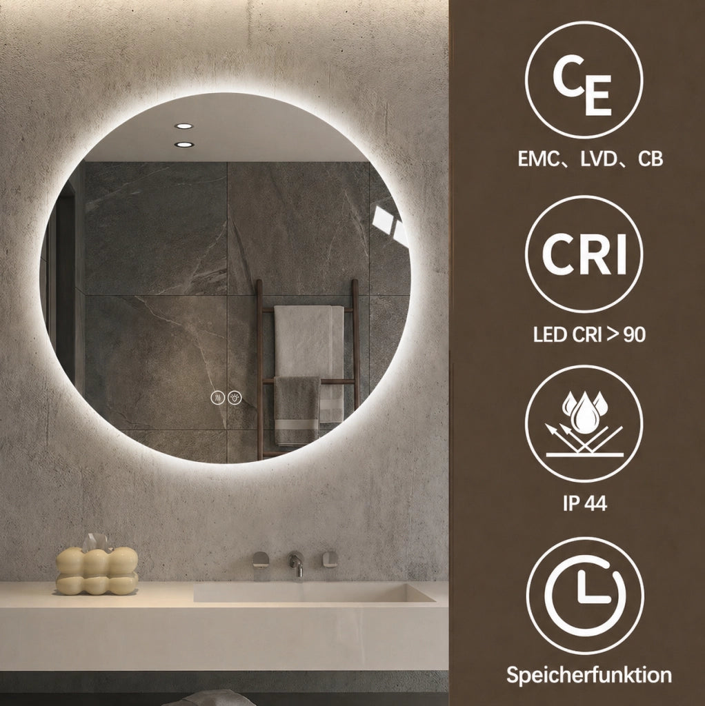 Specchio da bagno rotondo LED 80 cm con illuminazione anteriore e retroilluminazione, antiappannamento, 3 tonalità di luce, dimmer regolabile, funzione memoria, vetro argento HD 5 mm senza rame