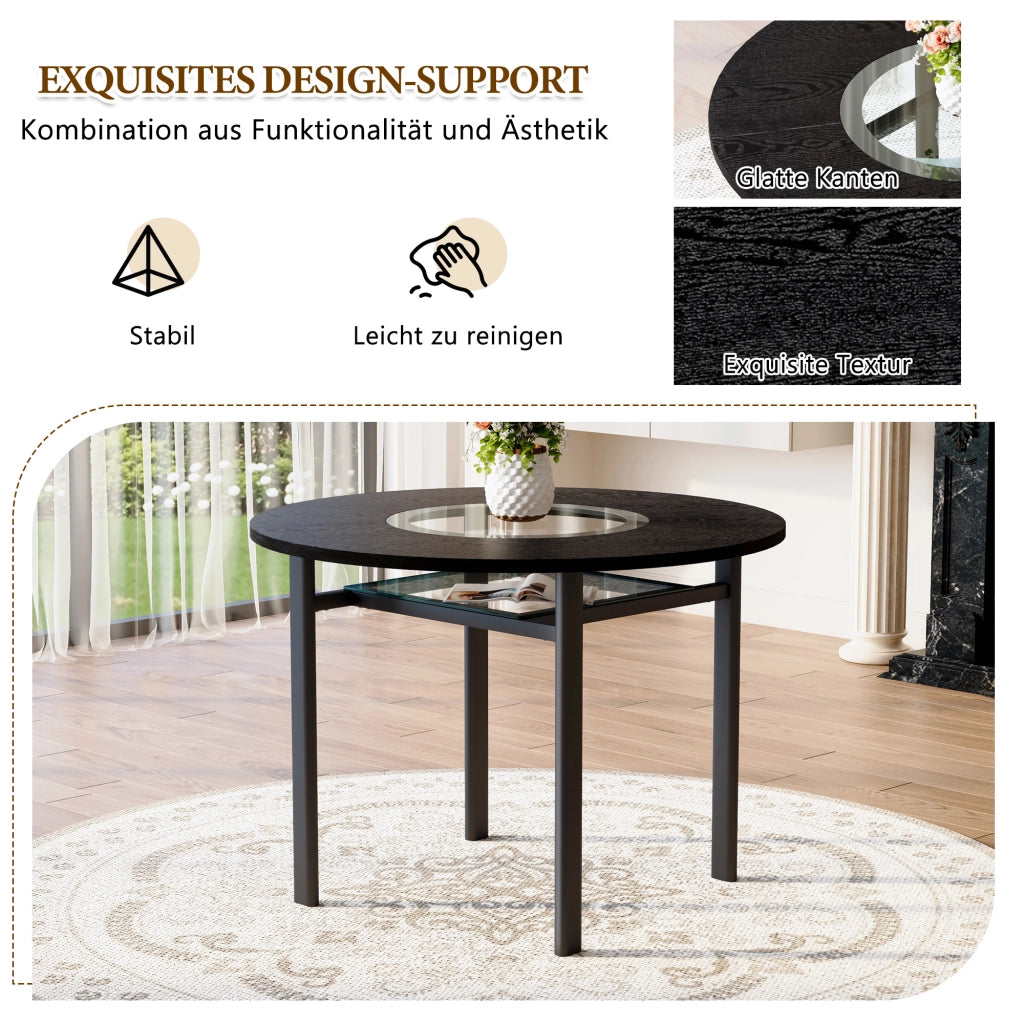 Set tavolo rotondo con 2 sedie marroni; piano MDF nero con inserto in vetro Ø 100 cm