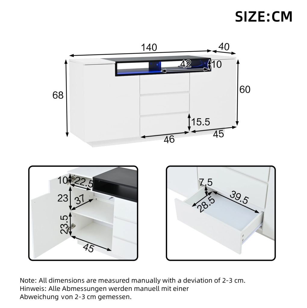 Madia 140x40x68 cm bianca e nera con 2 ante; 3 cassetti e luci LED HOMVRA