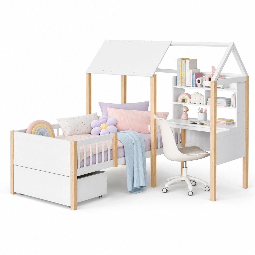 Letto a casetta 90x200 cm con scrivania e libreria in bianco