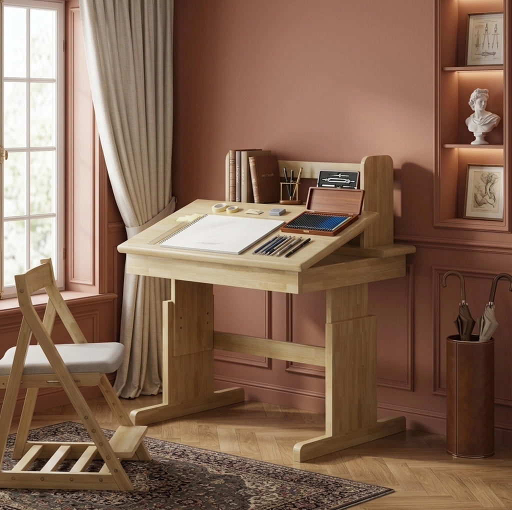 SCRIVANIA PER BAMBINI REGOLABILE E INCLINABILE 80x60 cm LEGNO NATURALE