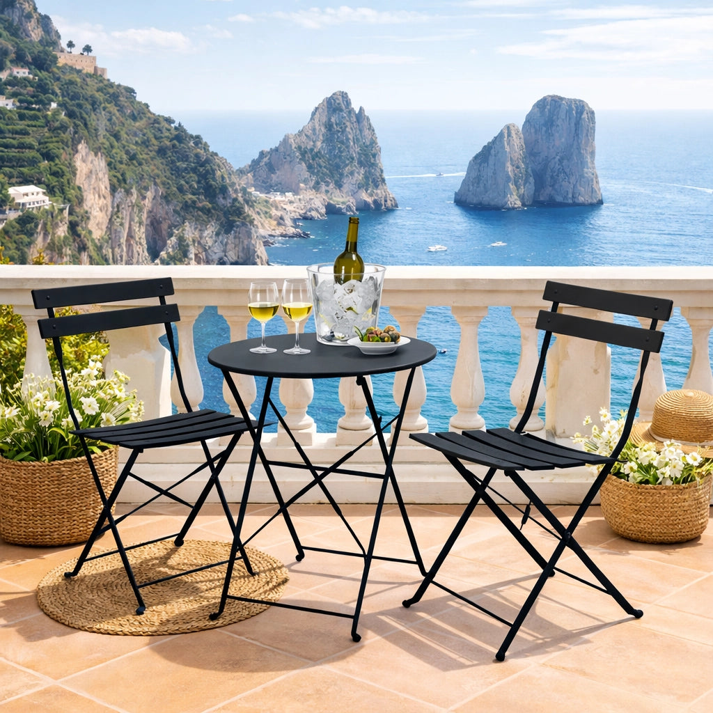 Set 3 pezzi Giardino Tavolo e 2 Sedie Pieghevoli modello Bistrot Salvaspazio Nero
