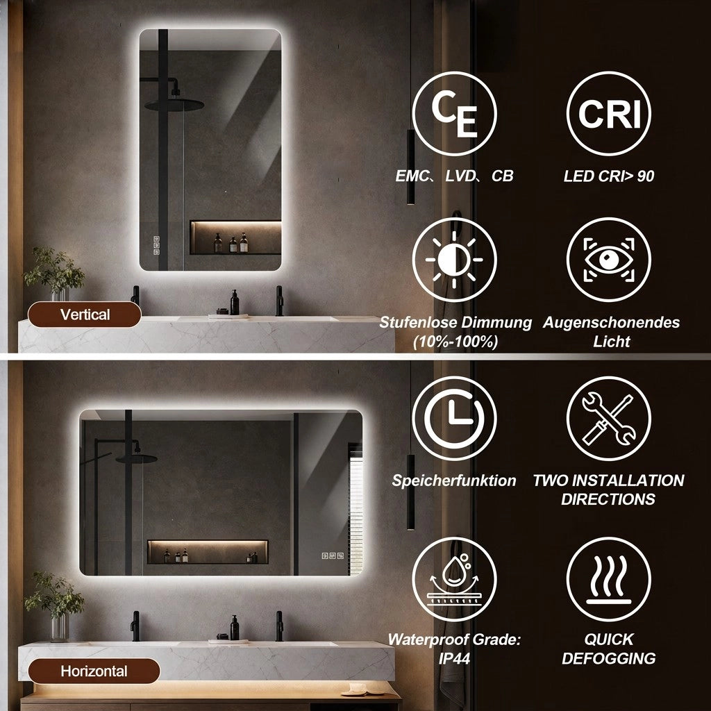 Specchio da bagno LED con retroilluminazione antiappannamento 3 tonalità dimmerabile memoria IP44 argento