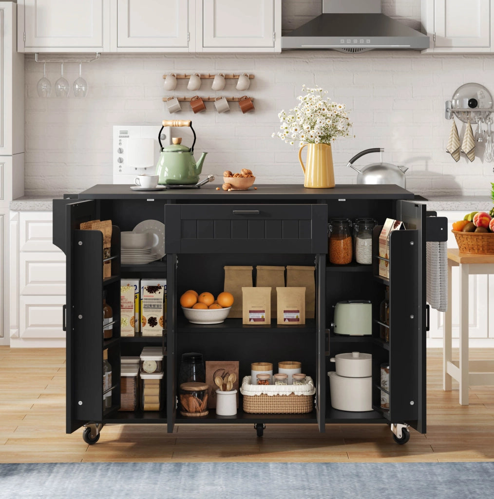 Carrello da cucina 120x45x95 cm con piano ribaltabile e 5 ruote in MDF; nero