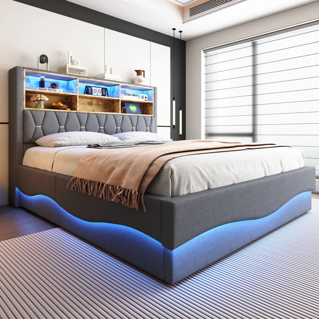 Letto contenitore 180 × 200 cm con sollevamento idraulico LED USB testiera imbottita in lino struttura in metallo grigio