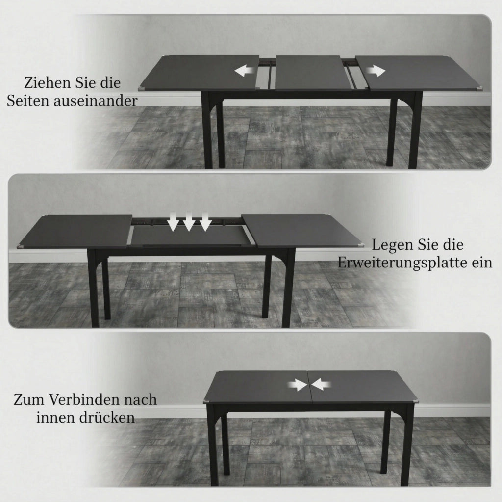 Tavolo da pranzo allungabile in MDF e acciaio, nero, 120x70x75 cm espandibile a 160x70x75 cm