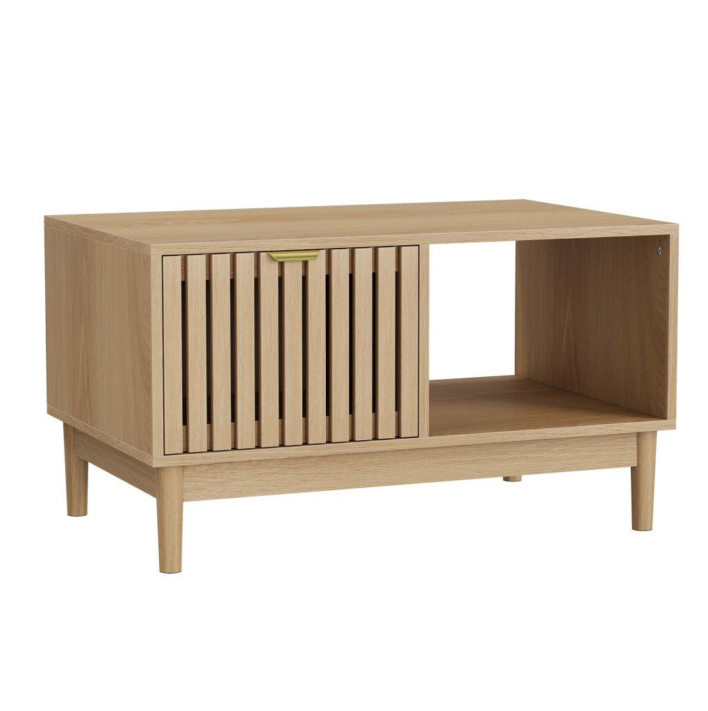 Tavolino da salotto rettangolare 80 cm in stile mid-century; colore rovere; con vani aperti