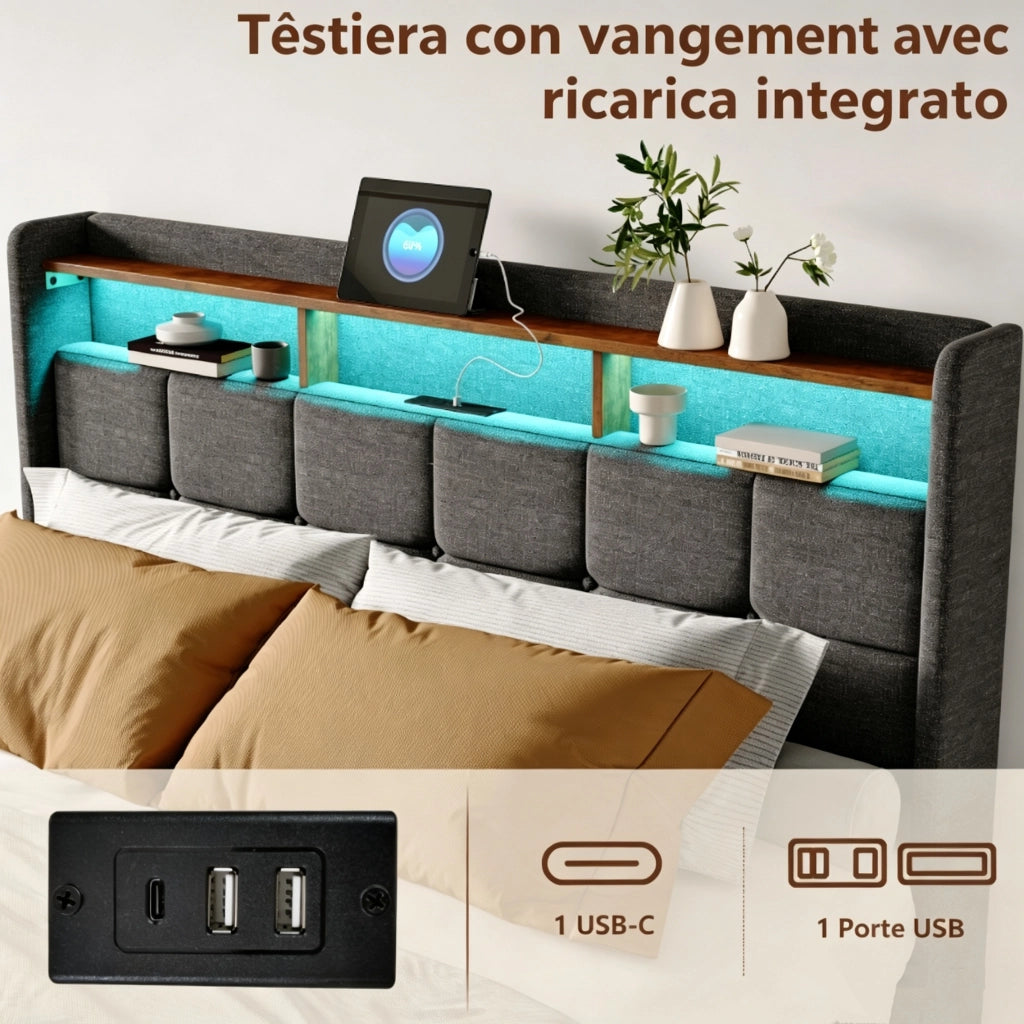 Letto matrimoniale imbottito 140x190 cm con 4 cassetti ; letto Contenitore con LED e USB; letto funzionale letto adulti ;Lino Grigio Scuro