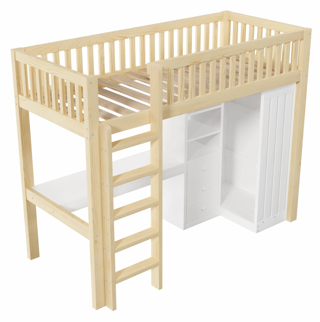 Letto a soppalco in legno di pino 90x200 cm con scrivania, armadio, 3 cassetti, scala e sponde, colore naturale