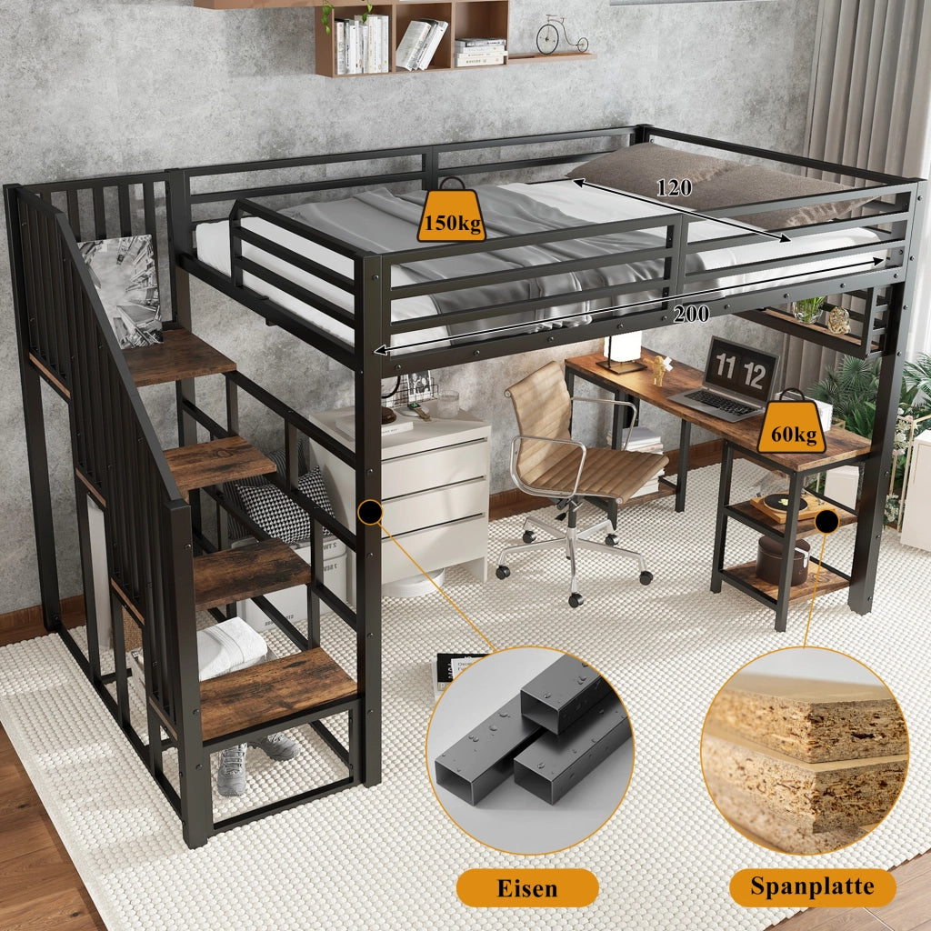 Letto a soppalco per bambini 120 × 200 cm con scrivania scaffale scale con corrimano metallo e legno nero noce scuro