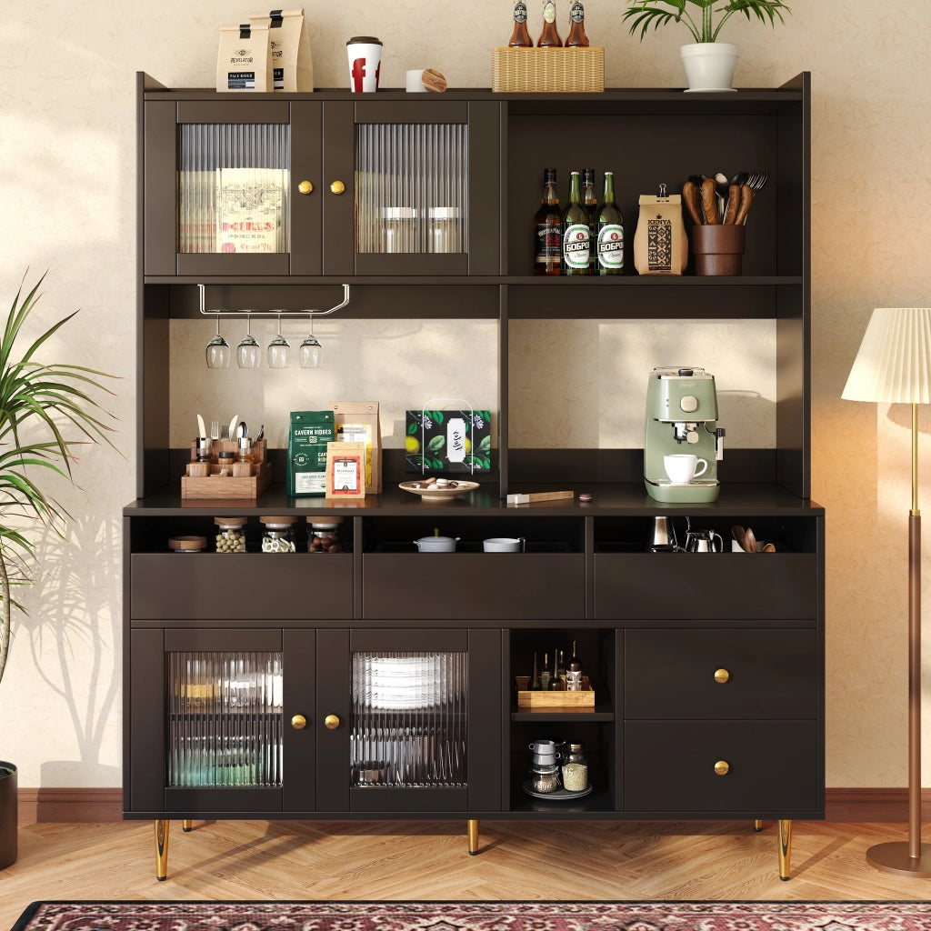 Credenza alta con vetro cannettato e portabottiglie, vani aperti per cucina e sala da pranzo, nera, 145 × 39 × 171 cm