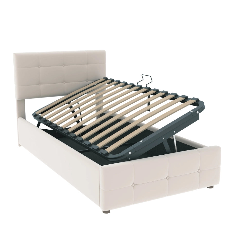 Letto singolo 90x200 in velluto beige con contenitore idraulico e testiera regolabile