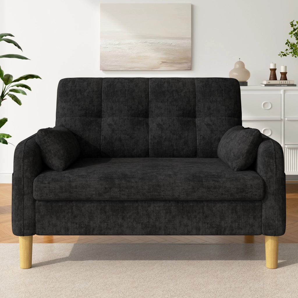 Divano 2 posti 119x78x85 cm in ciniglia grigio con 2 cuscini e tasca laterale