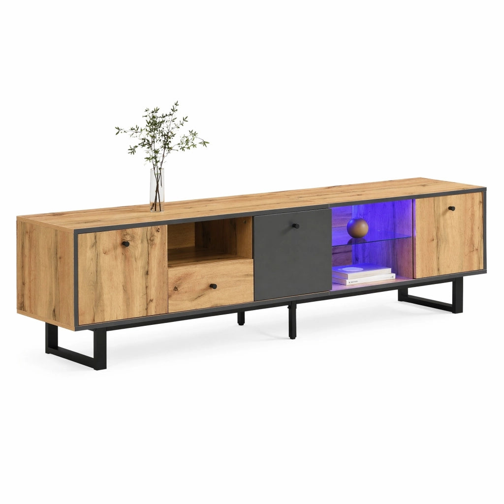 Mobile TV basso moderno con LED, ante con cerniere ammortizzate, 3 ante, 3 scomparti e 1 cassetto