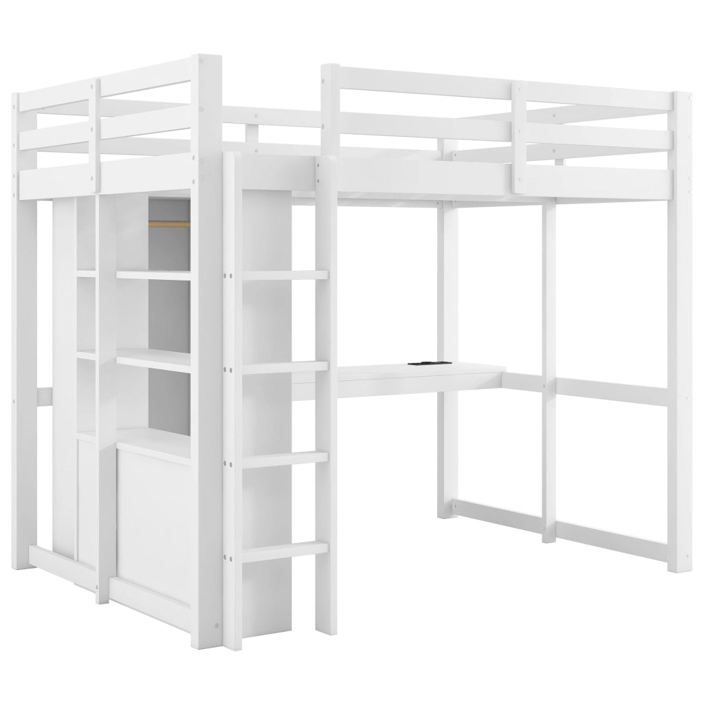 Letto a soppalco 140x200 con scrivania; LED; USB e contenitori; bianco