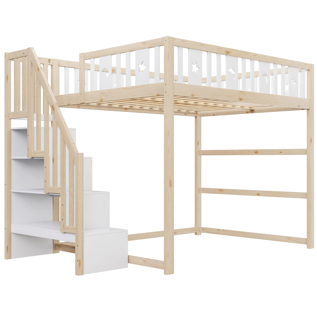 Letto a soppalco 140 × 200 cm con scala e ripiani in legno bianco e naturale con area divano inferiore