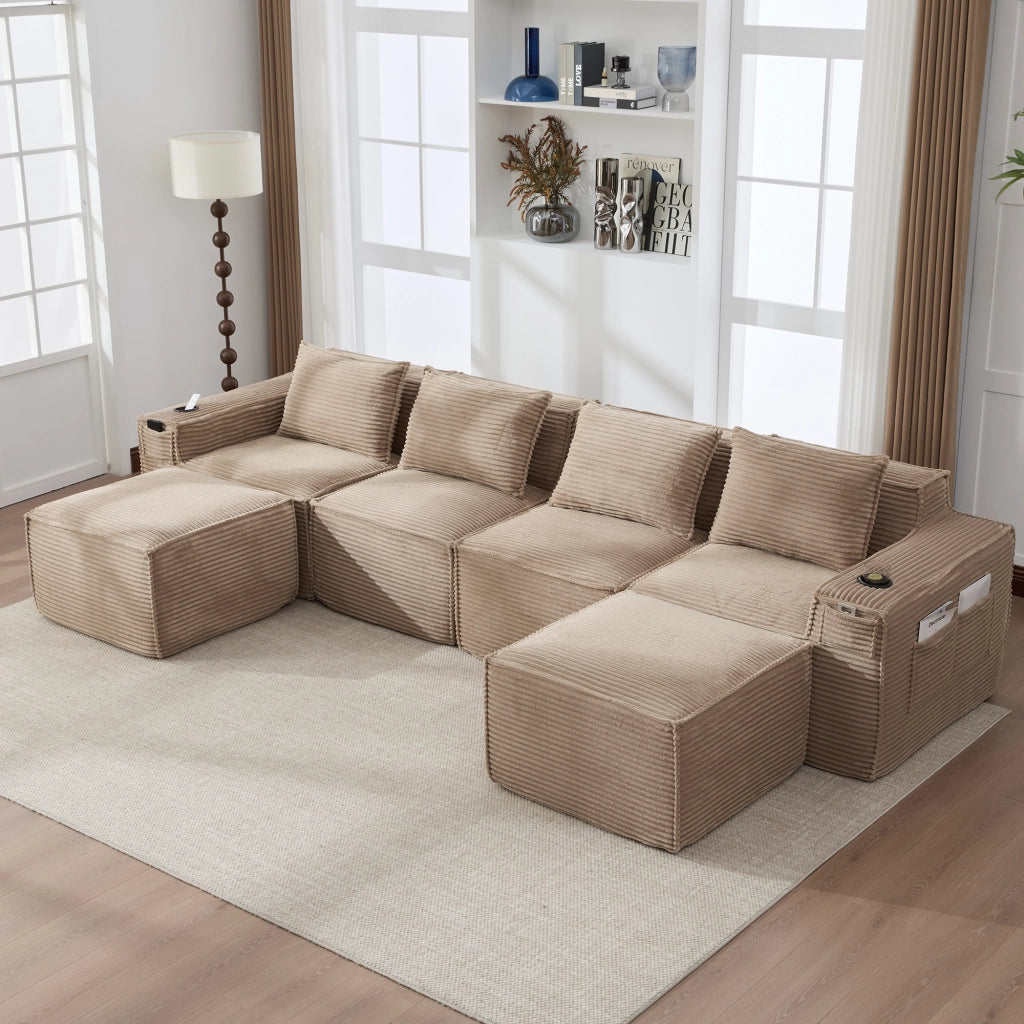Divano modulare a 4 posti in velluto a coste kaki con 2 pouf portabevande e tasche laterali 330 × 162 × 75 cm