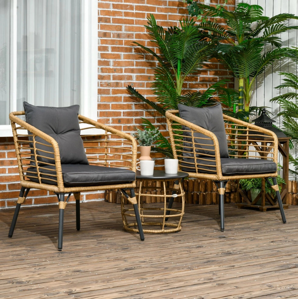Set da giardino 3 pezzi in rattan PE sabbia con cuscini, per balcone e terrazza