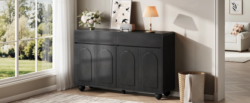 Sideboard nero con porte arcuate, 2 cassetti e 4 ante in PB e MDF, gambe rotonde in metallo