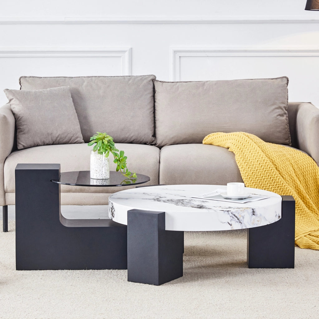 Set di 2 tavolini rotondi 61 e 44 cm in MDF e vetro bianco e nero