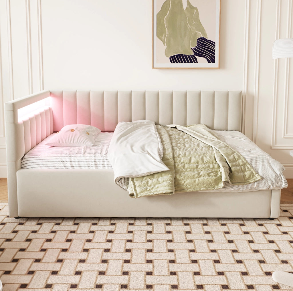Letto sofà imbottito 90x200 cm con LED, contenitore idraulico, rivestimento in velluto beige