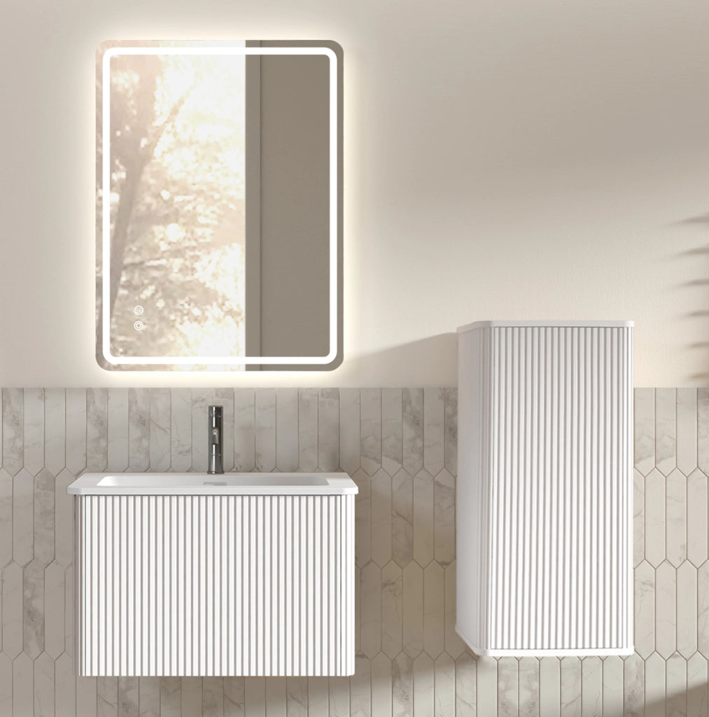 Set Mobili Bagno Moderno con Specchio LED, Mobile Sottolavabo 60 cm Bianco con Lavabo in Pietra Sintetica e Colonna Laterale