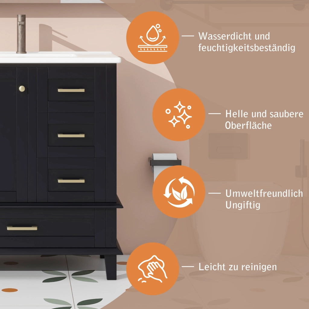 Mobile bagno 76x45;5x83;5 cm con lavabo in ceramica; 3 cassetti silenziosi e ripiano; MDF nero