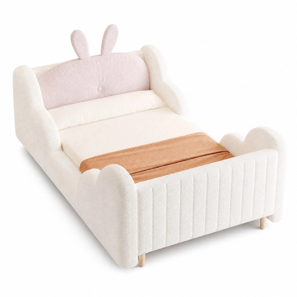 Letto per bambini 90x200 cm con cuscino coniglio in tessuto teddy bianco