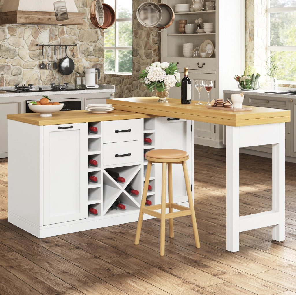 Isola cucina girevole 360° con tavolo 120-223x40x73;8 cm; MDF bianco e metallo