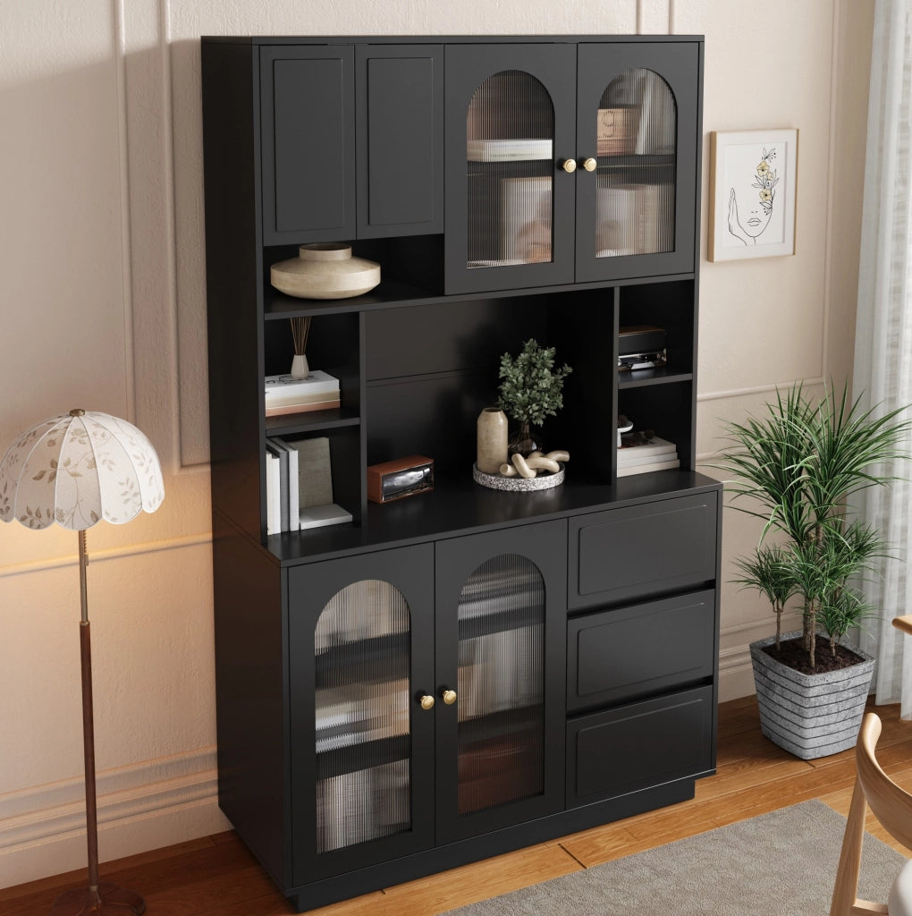 Credenza alta nera con LED app, ante acriliche e 3 cassetti