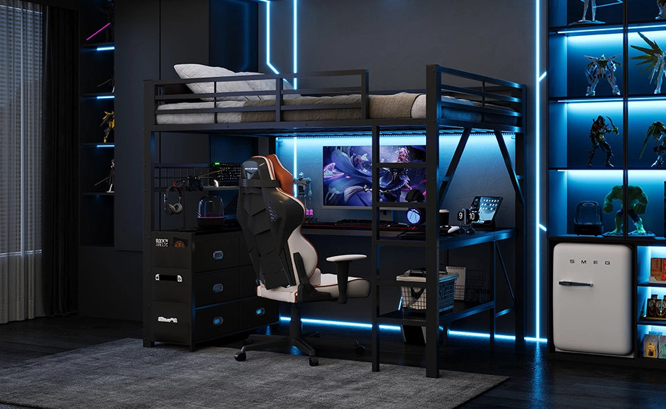 Letto a castello in metallo 140x200 cm con scrivania, cassetti, ripiani e illuminazione LED, colore nero