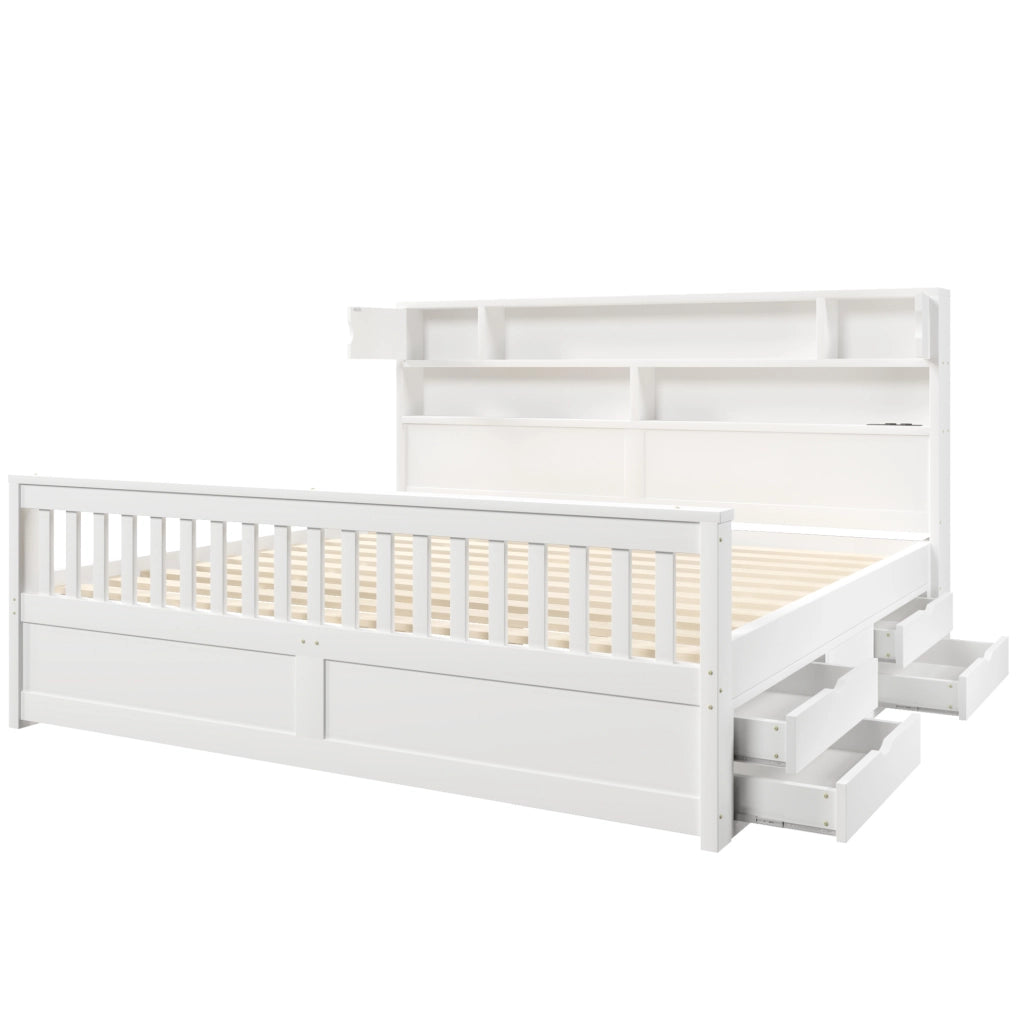 Letto 180x200 cm con testiera libreria, LED regolabile, USB e 4 cassetti in MDF bianco