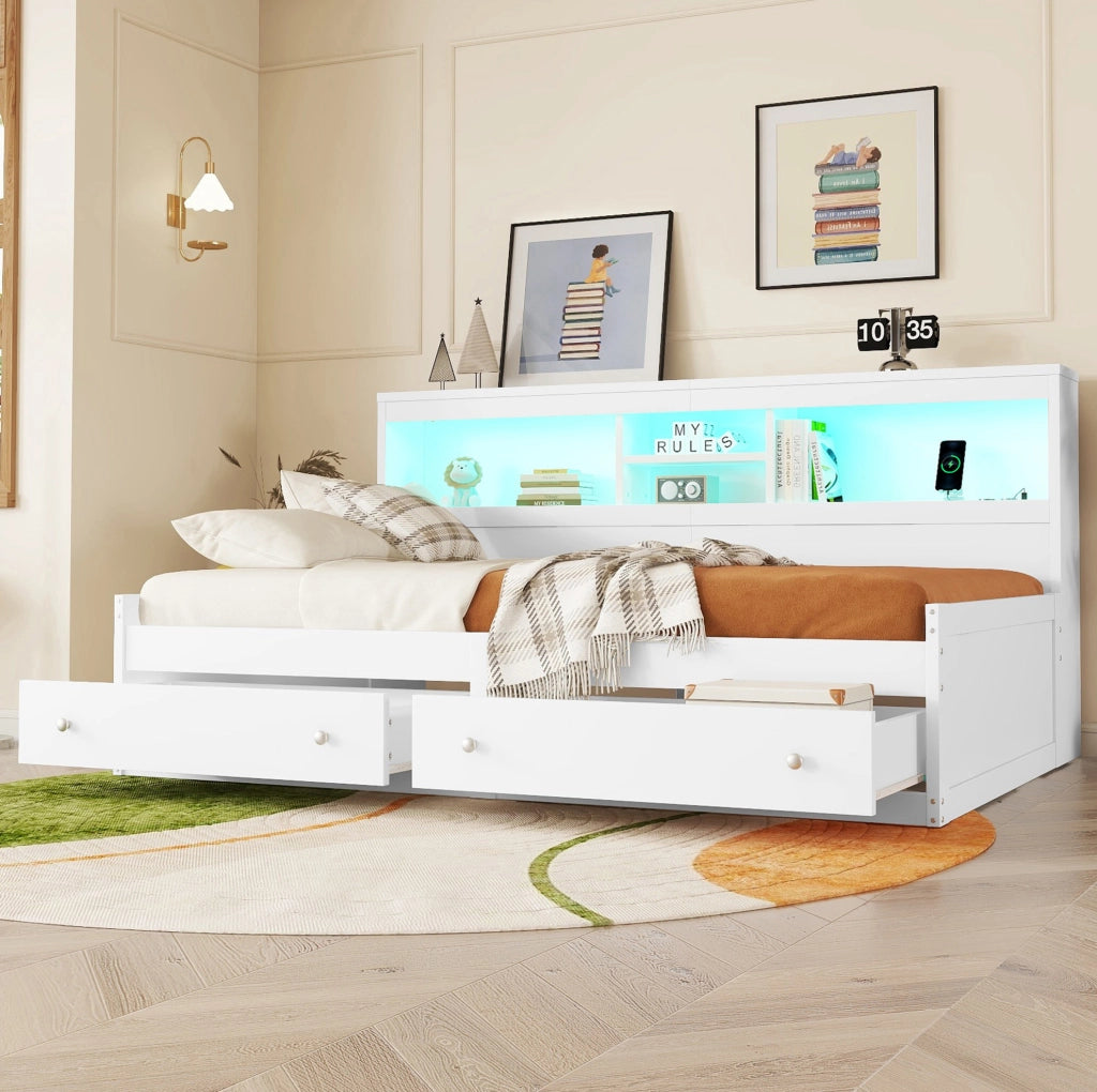 Letto giorno bianco 90x200 cm con divano letto, 2 USB, luce d'ambiente e due cassetti, struttura in truciolato e MDF