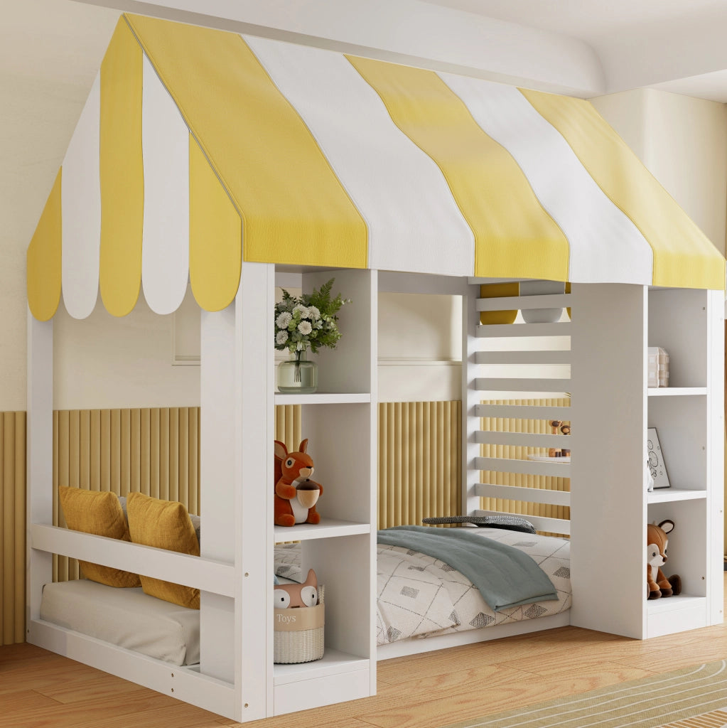 Letto per bambini ULEVR 90x200 cm con struttura a baldacchino e 2 vani aperti, bianco