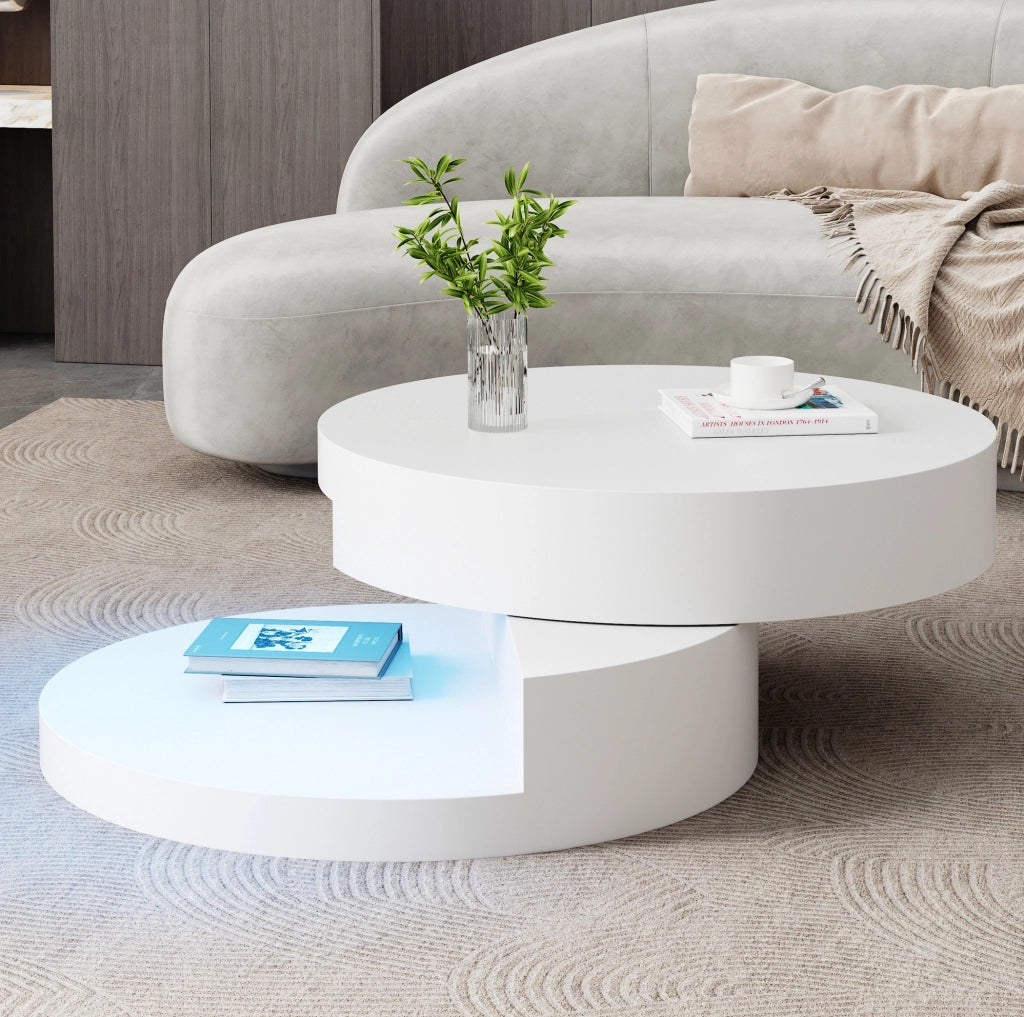 Tavolino da caff¨¨ rotondo ? 70 cm girevole a 360¡ã con LED in MDF bianco