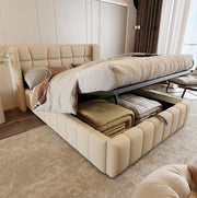 Letto imbottito 140x200 cm con contenitore e struttura in lino beige