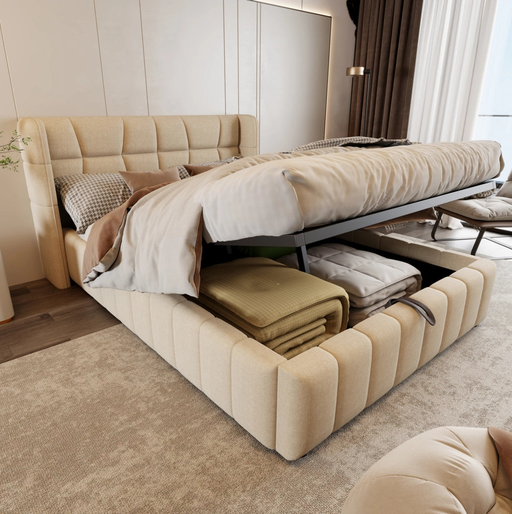 Letto imbottito 140x200 cm con contenitore e struttura in lino beige