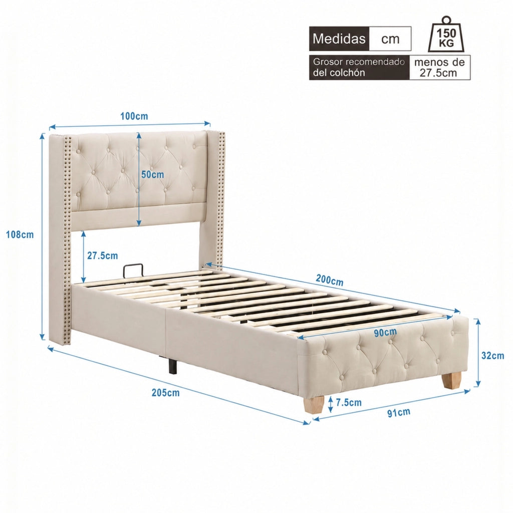 Letto singolo imbottito 90 × 200 cm con rete a doghe testiera in lino beige bottoni rivetti e gambe in legno