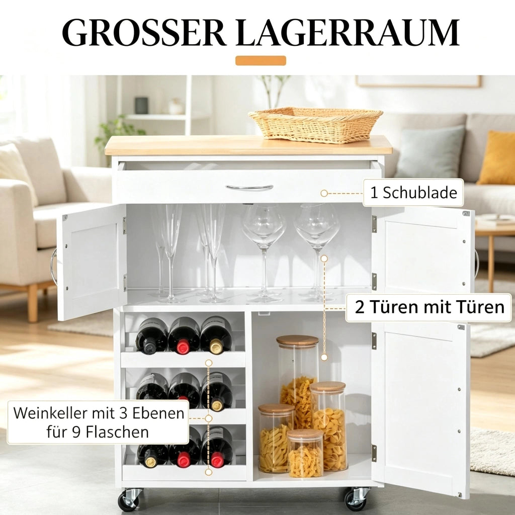 Carrello da cucina con cassetto; 2 armadietti e portabottiglie su ruote in MDF bianco e legno 67 × 37 × 87 cm