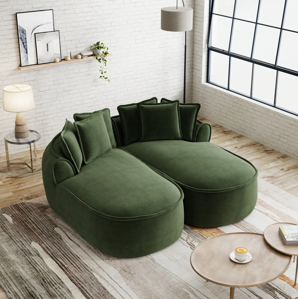 Divano modulare doppio verde in tessuto chenille, design senza telaio con chaise longue extra profonda e cuscini inclusi